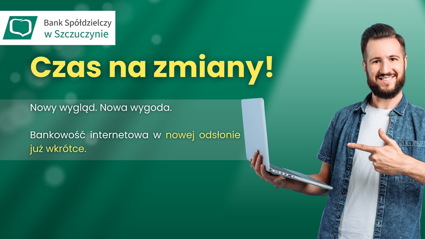 Grafika przedstawia człowieka polecającego usługi Banku Spółdzielczego w Szczuczynie